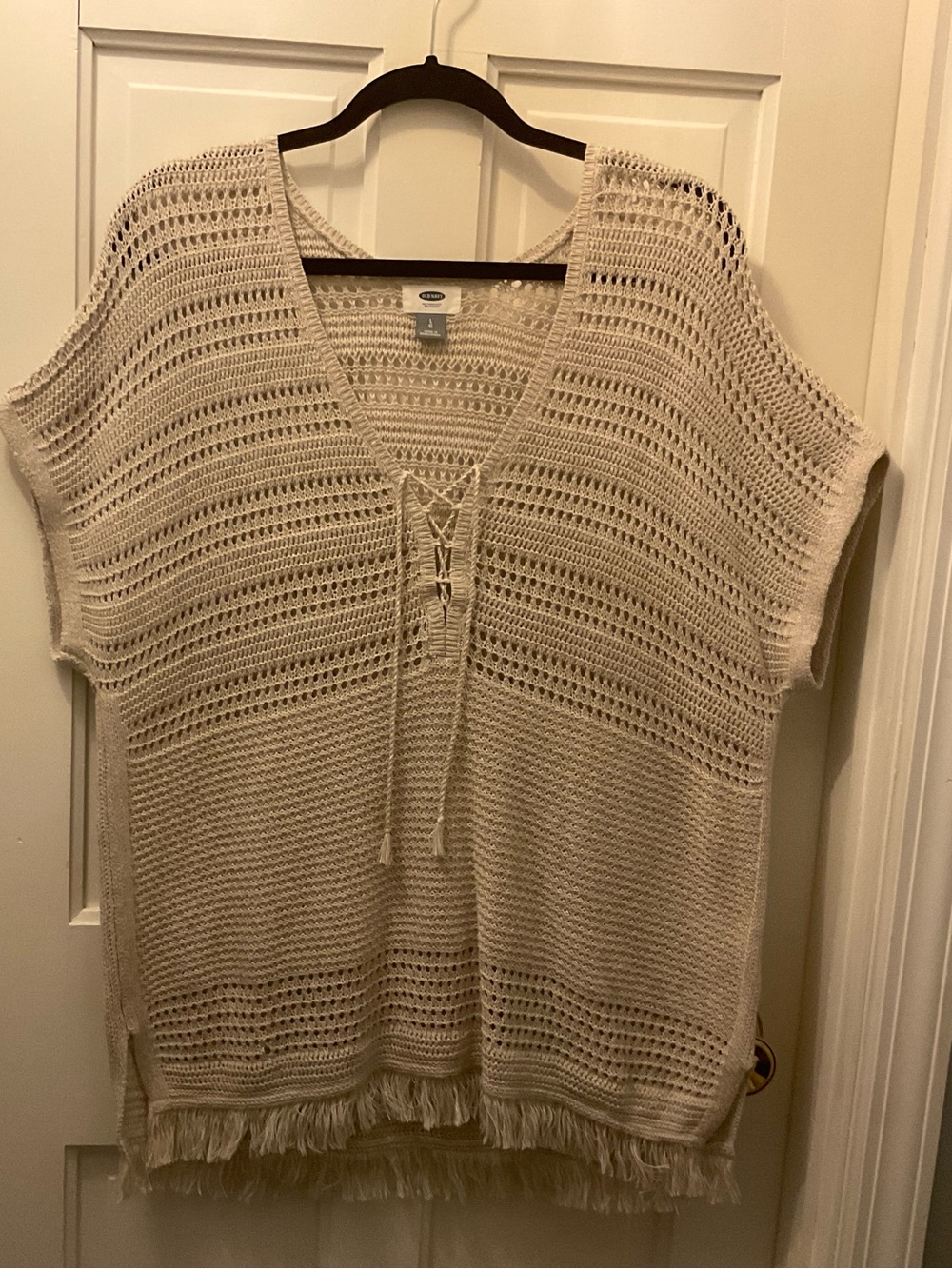 Old Navy Cream Open-Knit V-Neck Sweater with Fringe